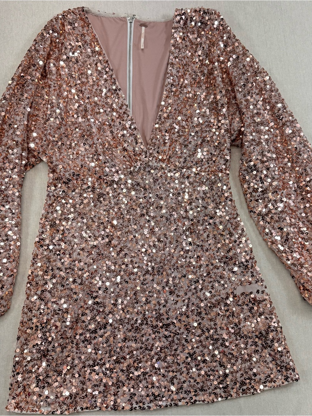 Free People Dance All Night Rose Gold Sequin Mini Dress Long Sleeve Party Size S